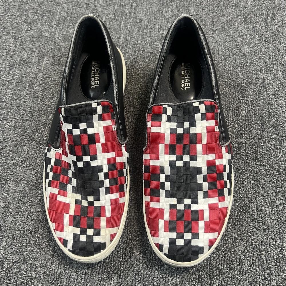 Michael Kors Woven Checkerboard Leather Slip On Sneakers 7M Red Black White Logo